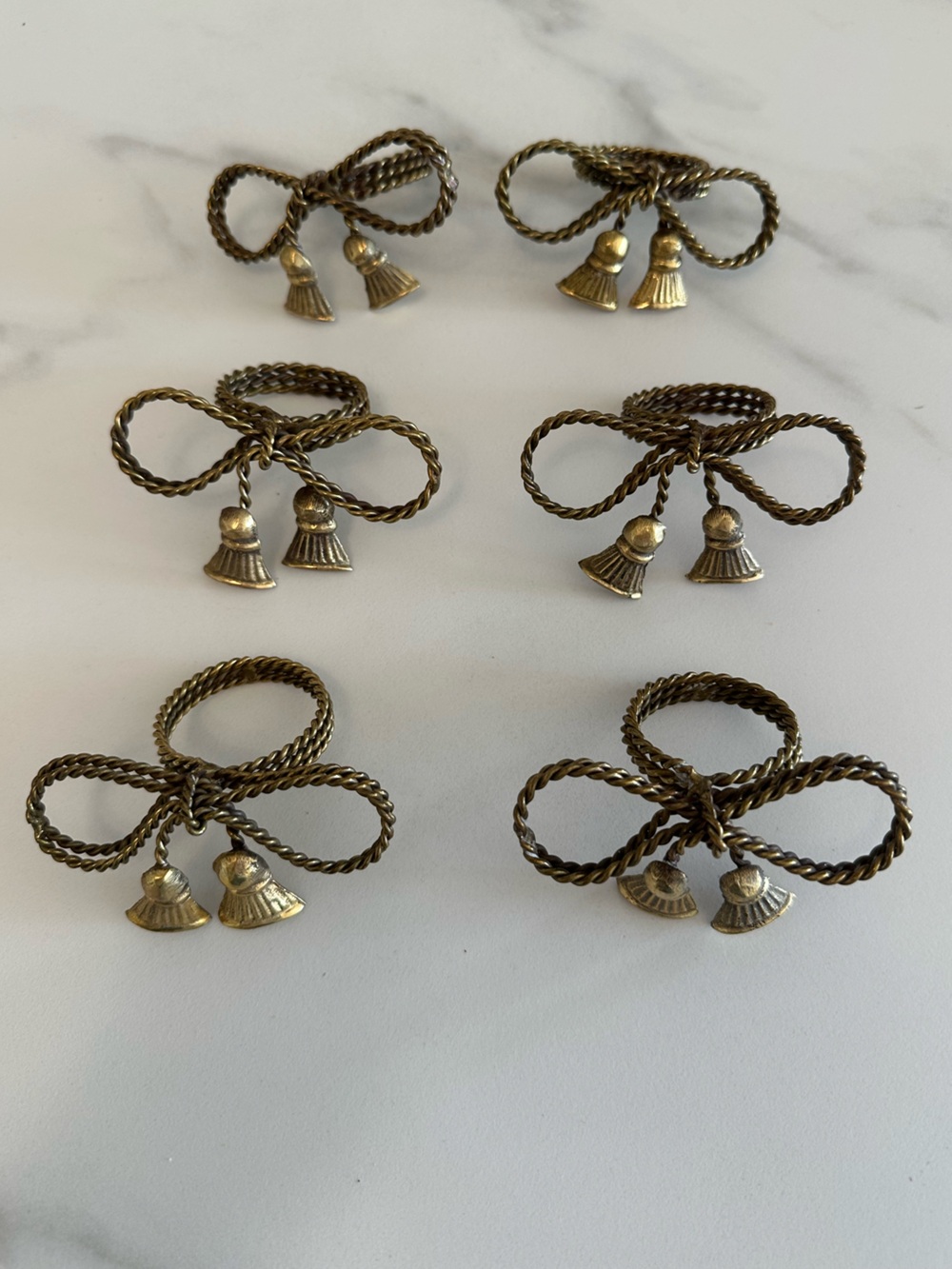 Vintage Kent & Beatles Brass Twisted Bow Napkin Rings w/ Tassels - Set of 6